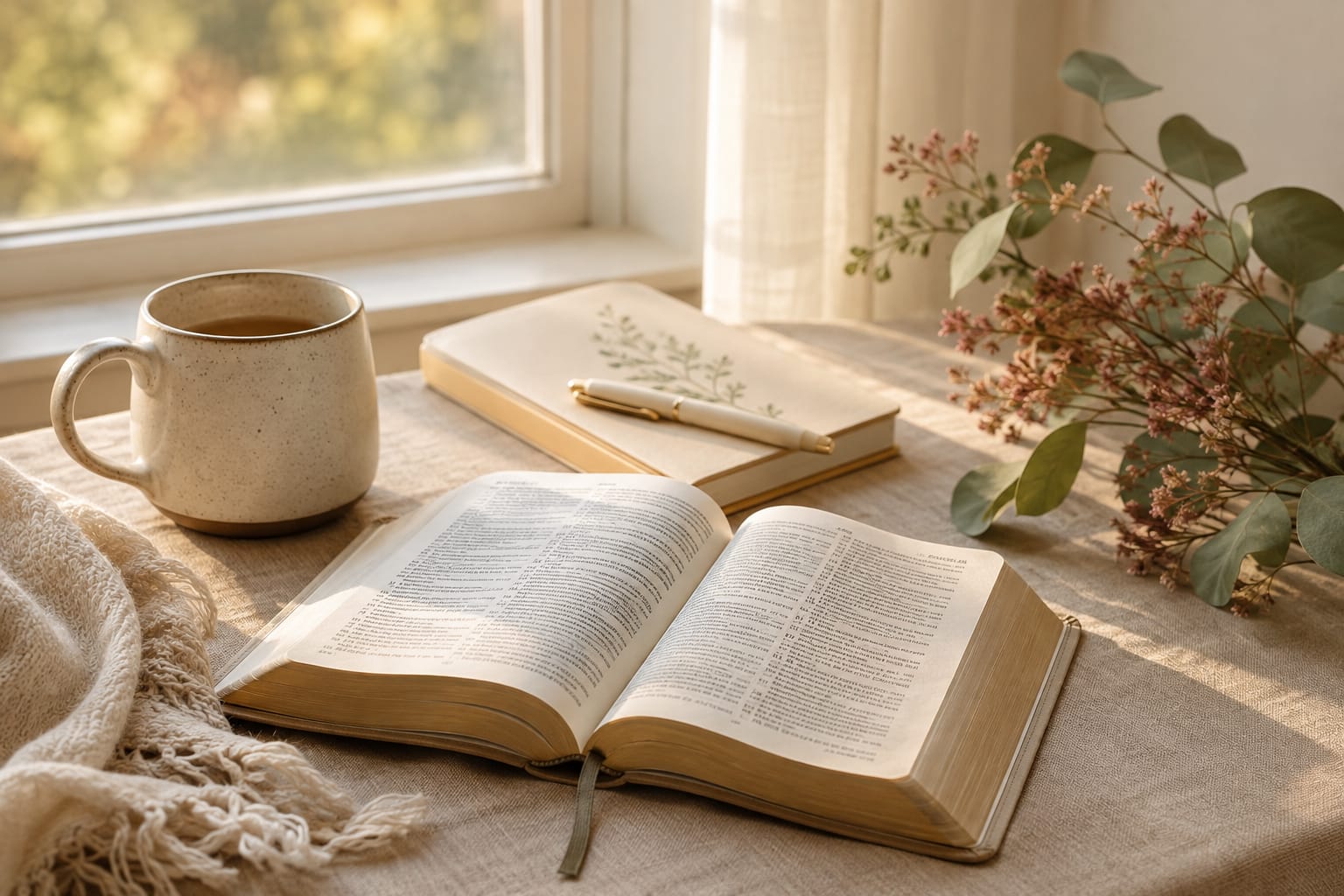 Open Bible and journal beside a mug in soft morning light, creating a quiet setting for prayer and reflection.
