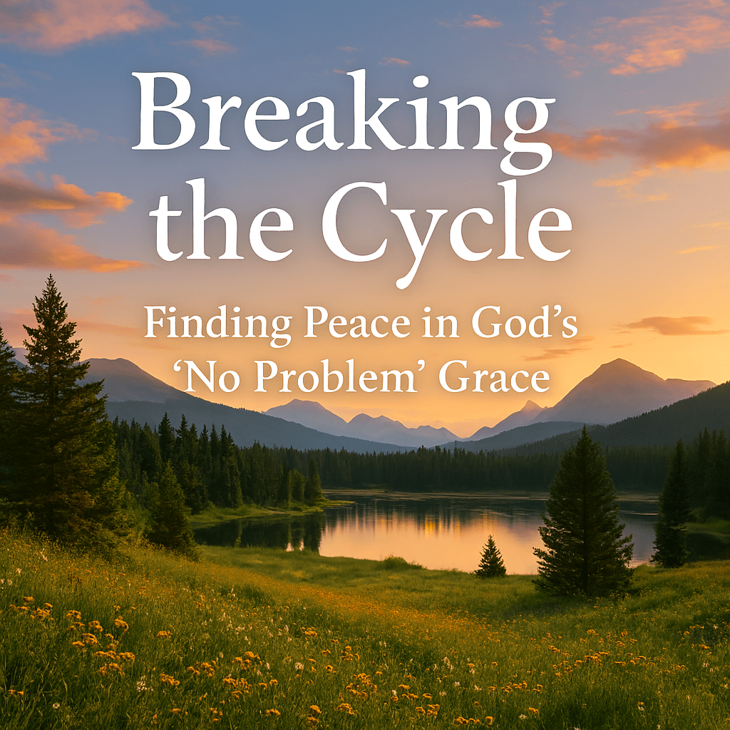 "Peaceful nature landscape with wildflower meadow, reflective lake, evergreen trees, and mountain range at sunrise, featuring overlay text 'Breaking the Cycle: Finding Peace in God's 'No Problem' Grace' — Christian devotional theme emphasizing spiritual renewal and healing."