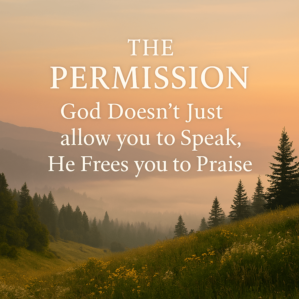 nspirational nature scene featuring a misty valley at sunrise, with golden light illuminating wildflowers and evergreen trees. Centered text reads: “THE PERMISSION – God Doesn’t Just allow you to Speak, He Frees you to Praise.” The image evokes peace, restoration, and spiritual empowerment.