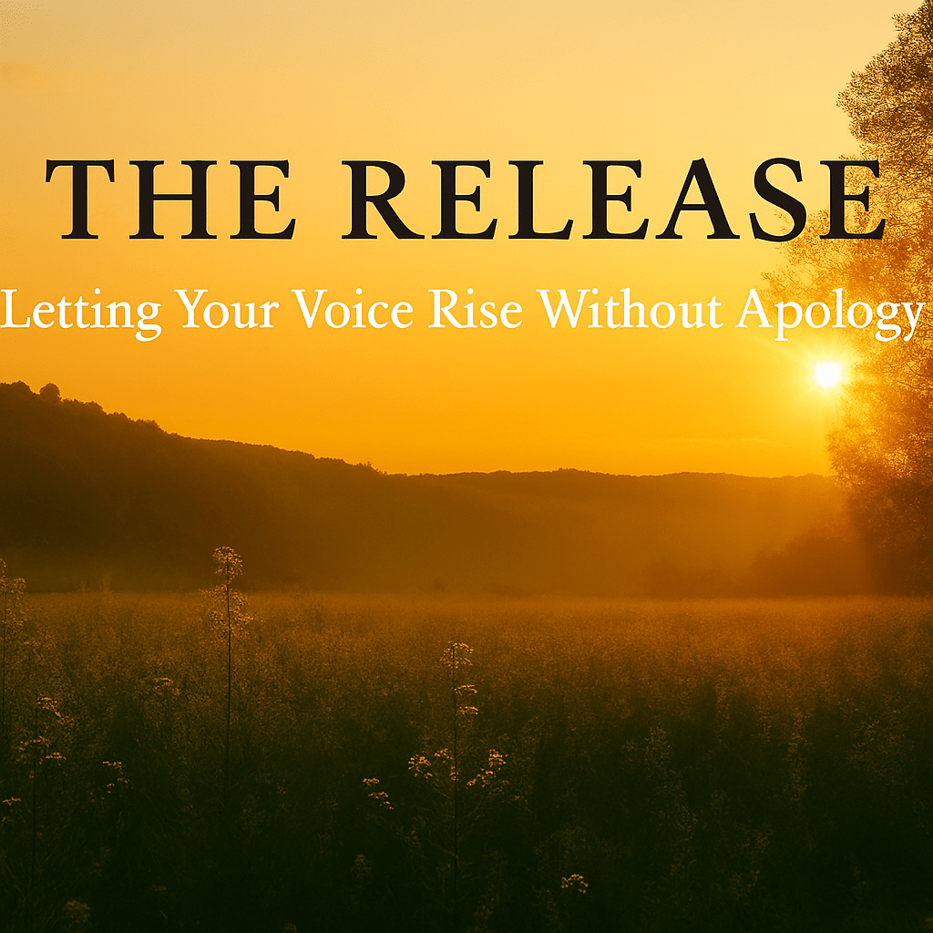 Nature image with sunrise and birds in flight, titled The Release with subtitle Letting Your Voice Rise Without Apology.