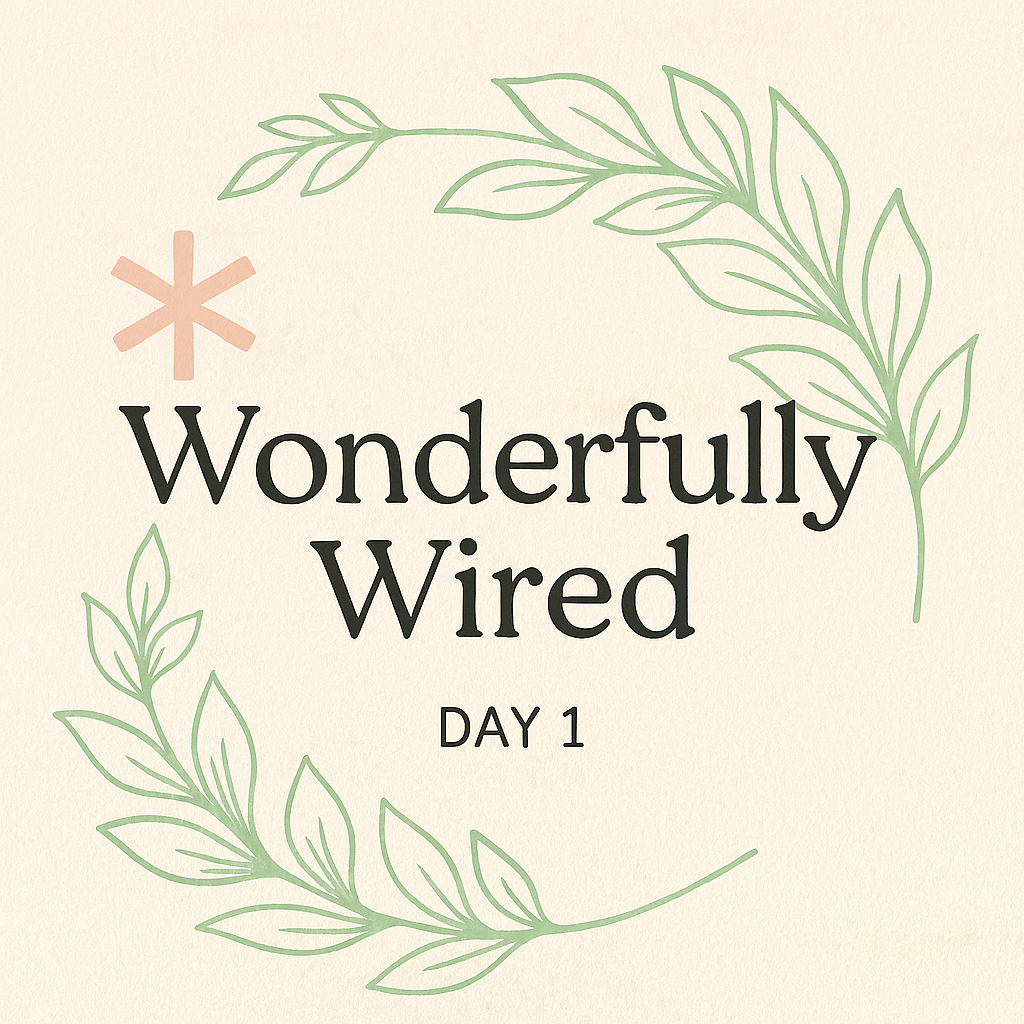“Wonderfully Wired” title in bold serif font, centered within a soft green botanical wreath on a cream background. A blush pink asterisk symbol sits in the upper left corner. The design evokes calm, inclusion, and spiritual warmth—reflecting neurodivergent identity and divine design.