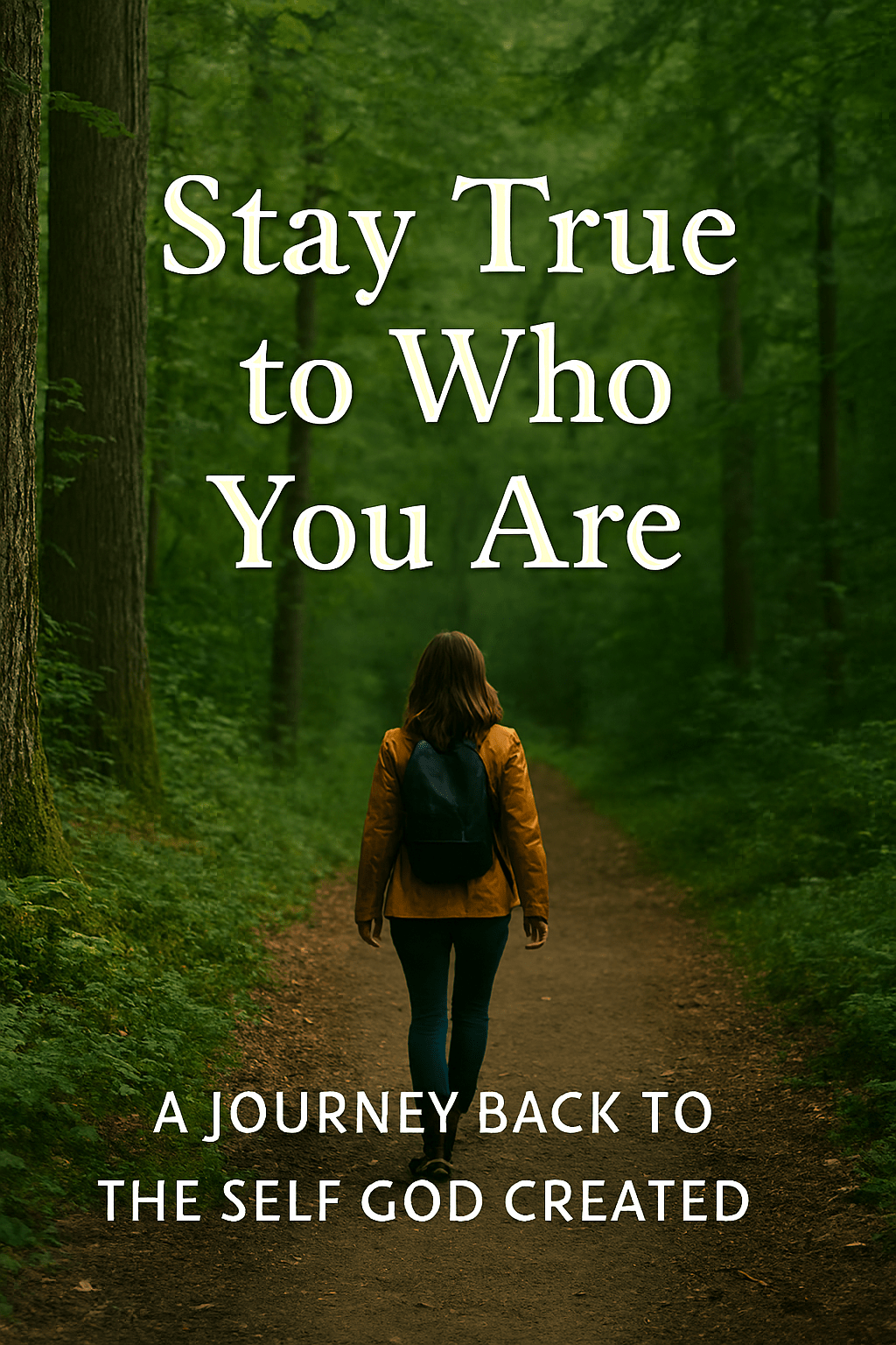 A person walking along a forest path, with the text 'Stay True to Who You Are' and 'A Journey Back to The Self God Created' overlaid on the image.