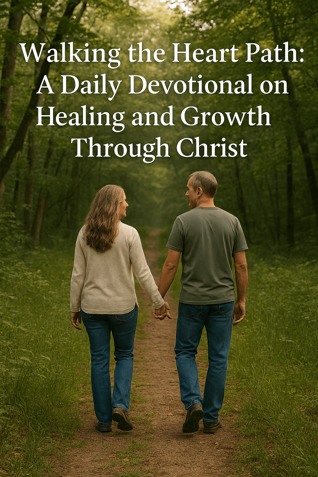 "Couple walking hand-in-hand through a sunlit forest path, representing Christian healing, spiritual growth, and the heart path journey with Christ. Image includes devotional blog title: 'Walking the Heart Path: A Daily Devotional on Healing and Growth Through Christ.'"