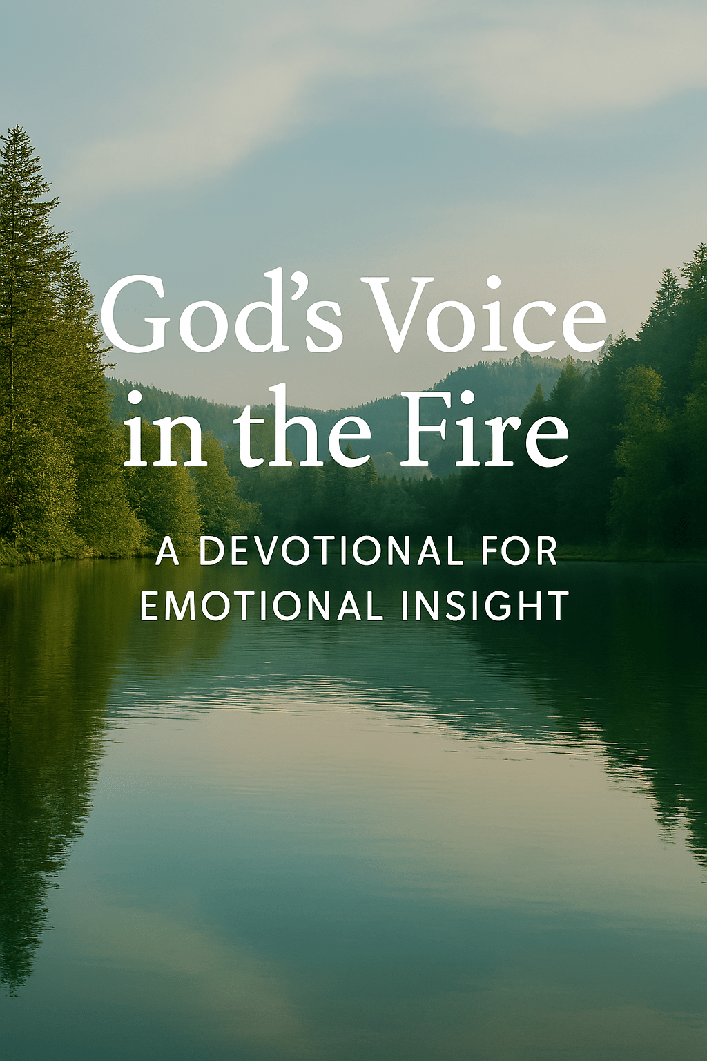 "Forest lake with trees and sky, overlaid with title 'God’s Voice in the Fire: A Devotional for Emotional Insight'."