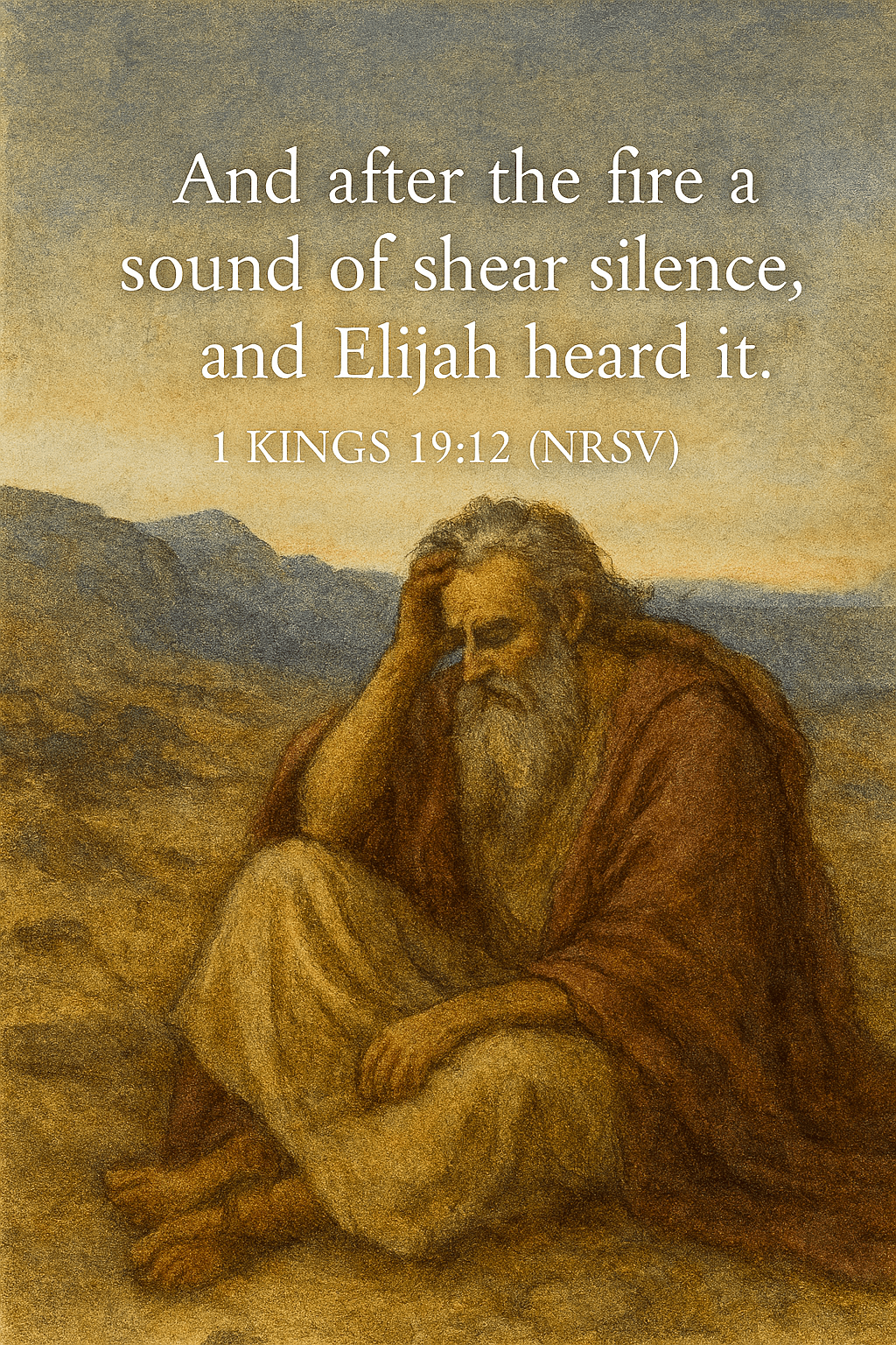 Illustration of the prophet Elijah sitting alone on rocky terrain at dawn, wearing a reddish-brown robe and cream-colored garment. He appears contemplative, with one hand resting on his head and eyes closed. The background features distant mountains under a soft, golden sky. Overlaid text reads: “And after the fire a sound of shear silence, and Elijah heard it. — 1 Kings 19:12 (NRSV).”