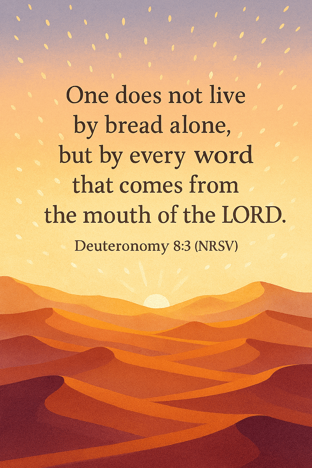 Digital illustration of a serene desert sunrise with rolling orange and red sand dunes fading into lighter tones toward the horizon. The sun peeks above the dunes, casting golden rays into a warm gradient sky of yellows, oranges, and purples. Small white specks, resembling manna, drift through the air. At the top, the Bible verse “One does not live by bread alone, but by every word that comes from the mouth of the LORD” (Deuteronomy 8:3, NRSV) appears in dark brown serif font.
