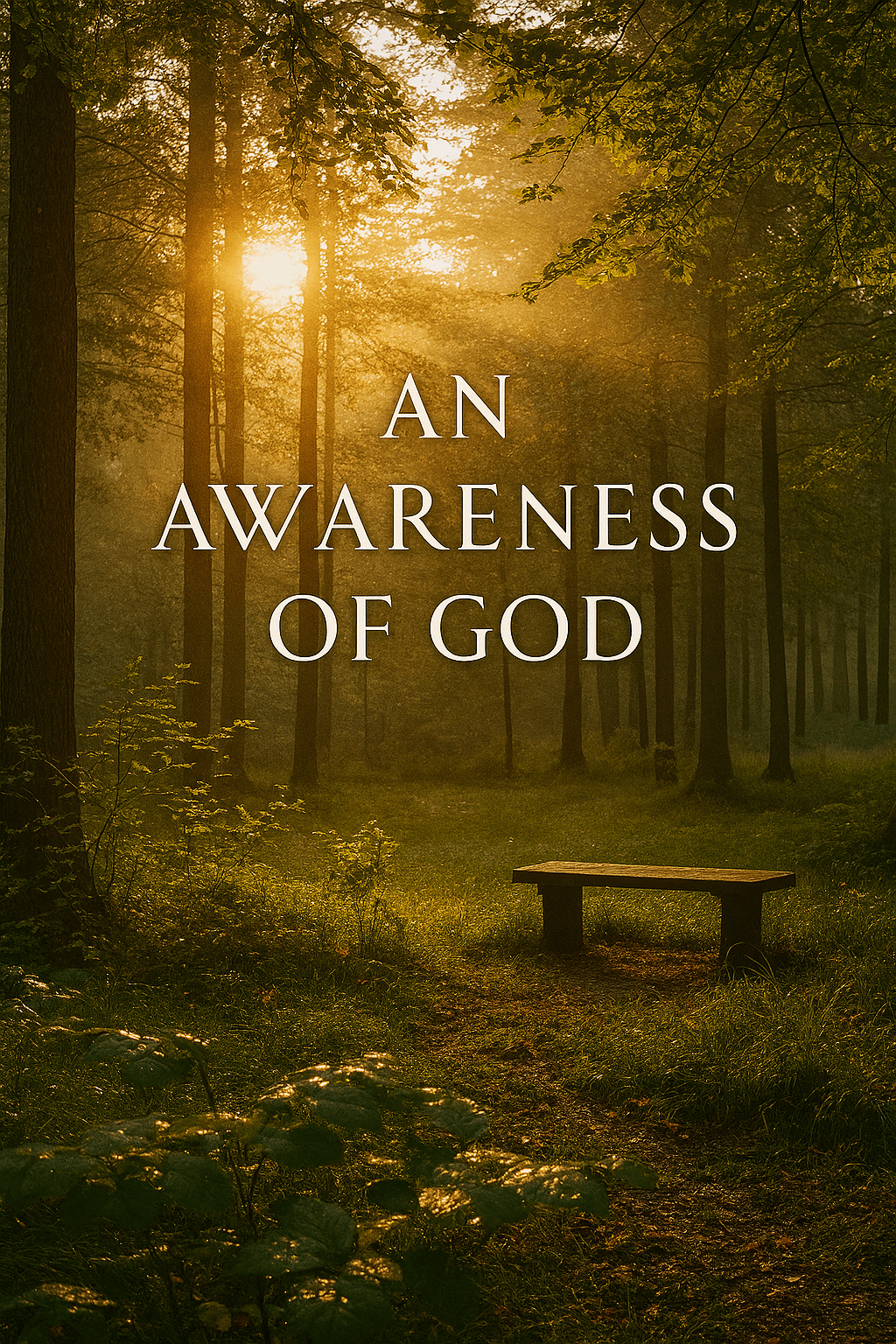 “Sunlit forest clearing with a wooden bench surrounded by tall trees and morning mist. Golden light filters through the leaves, casting soft rays across dew-covered grass. Text overlay reads ‘An Awareness of God.’”