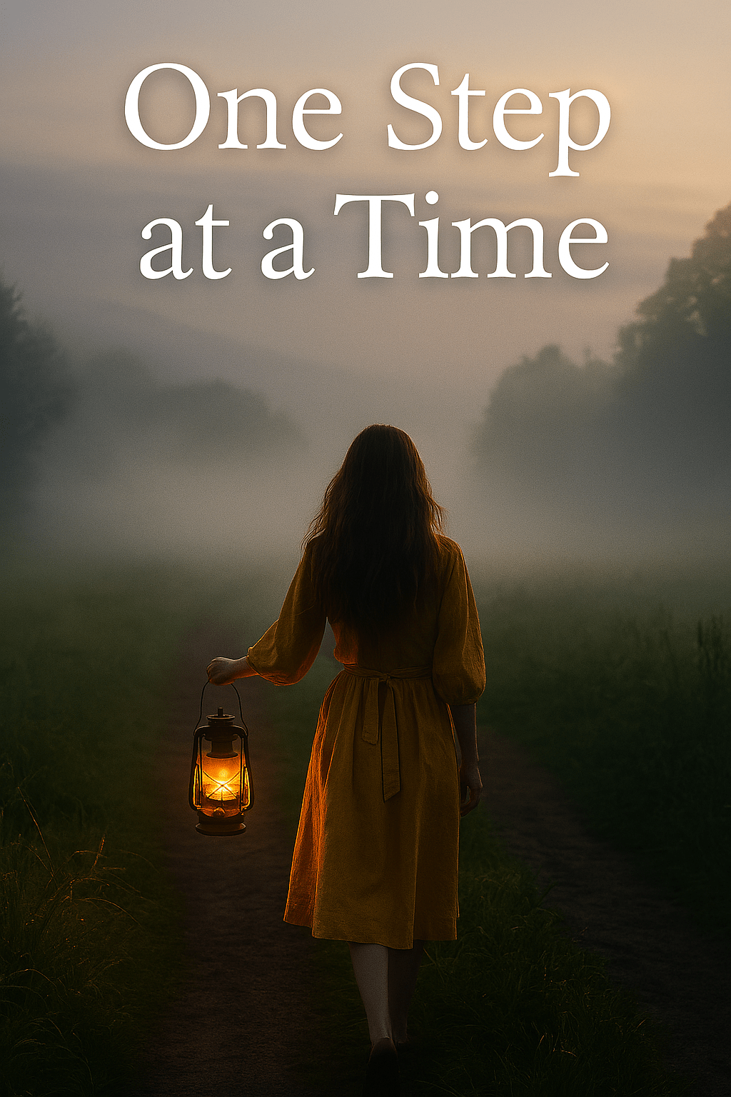 a woman walking gently through a misty forest path at sunrise, lantern in hand—evoking trust, quiet courage, and divine guidance.