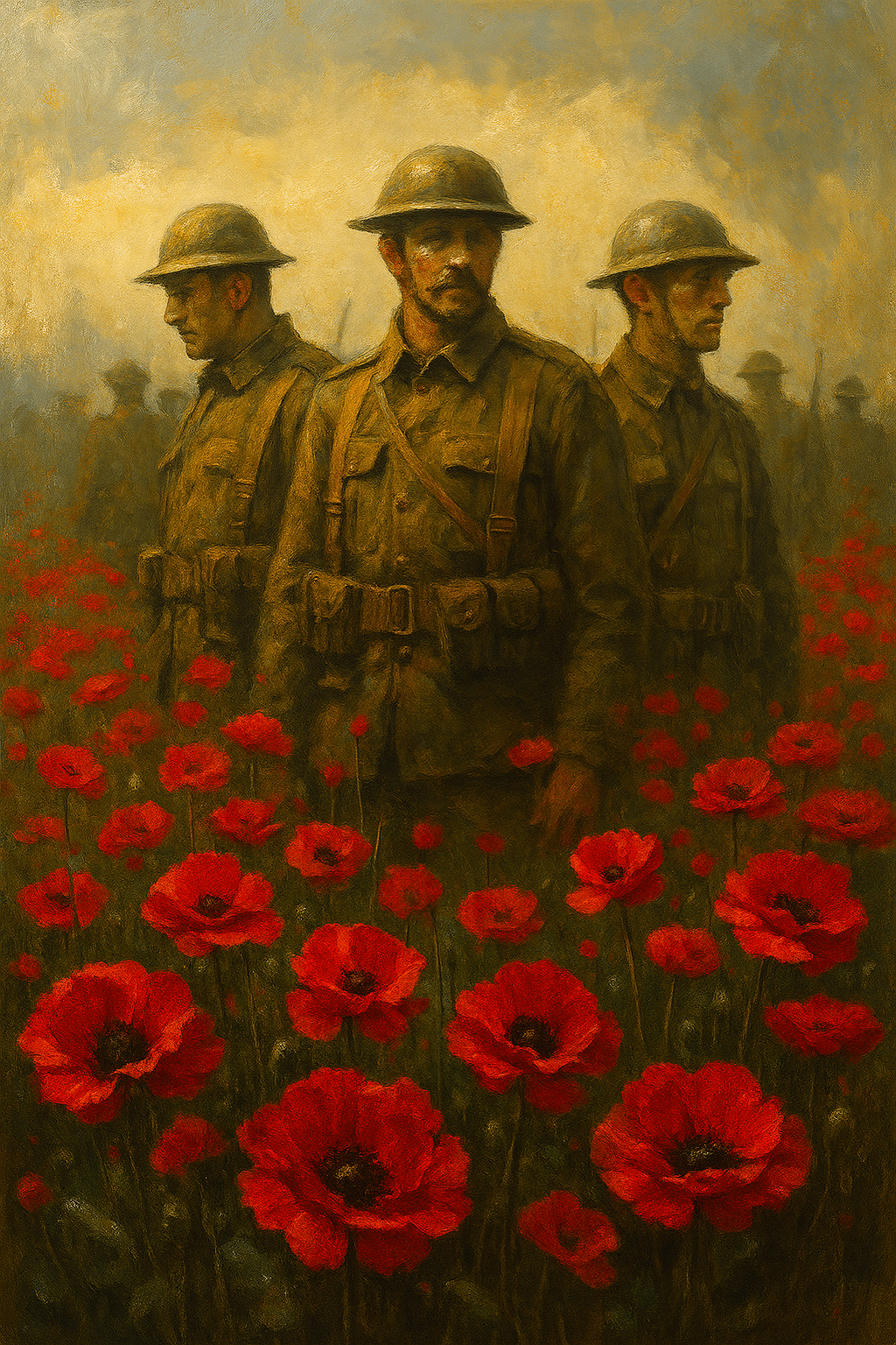 quiet field of remembrance with soldiers and poppies,