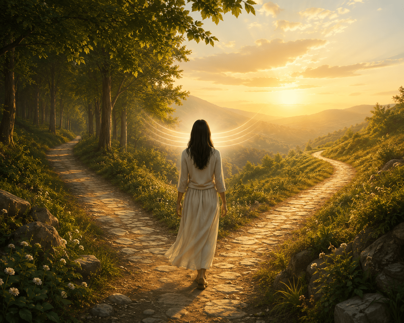 A warm golden-hour landscape showing a woman standing at a fork in a peaceful forest path, viewed from behind as she faces two different directions. One path is shaded beneath tall trees while the other glows with soft sunlight leading into rolling hills. Gentle light surrounds her, creating a calm and hopeful atmosphere that reflects guidance, trust, and stepping into a new journey.