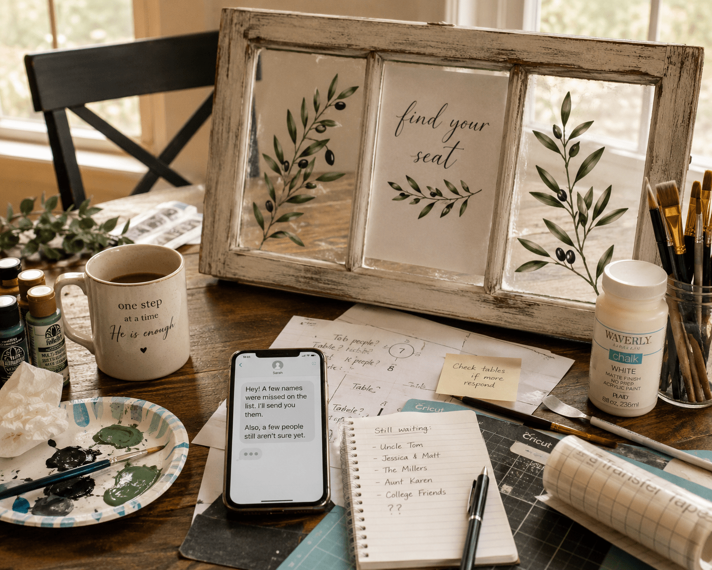 A rustic dining room table covered with wedding planning supplies, including paintbrushes, Cricut materials, guest notes, and a partially decorated vintage window seating chart. A smartphone displays a text message about additional wedding guests while a cold cup of coffee sits nearby, capturing a quiet moment of uncertainty, creativity, and preparation before a family wedding.