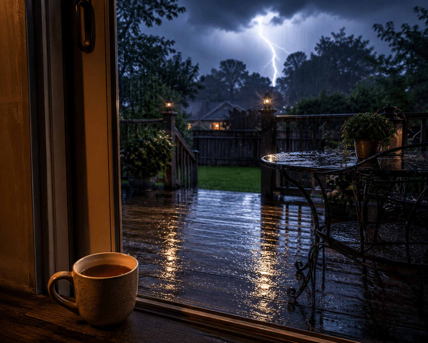 A rain-soaked back deck during a thunderstorm with a warm mug near the doorway, reflecting gratitude in an unsettled moment.