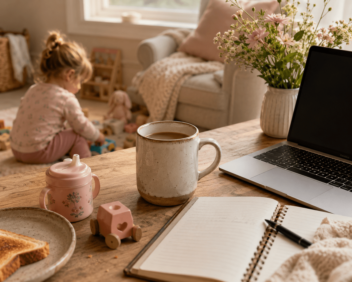 A coffee mug, laptop, toast, and toddler toy in soft morning light, representing caregiving, interrupted plans, and quiet faith during a family emergency.