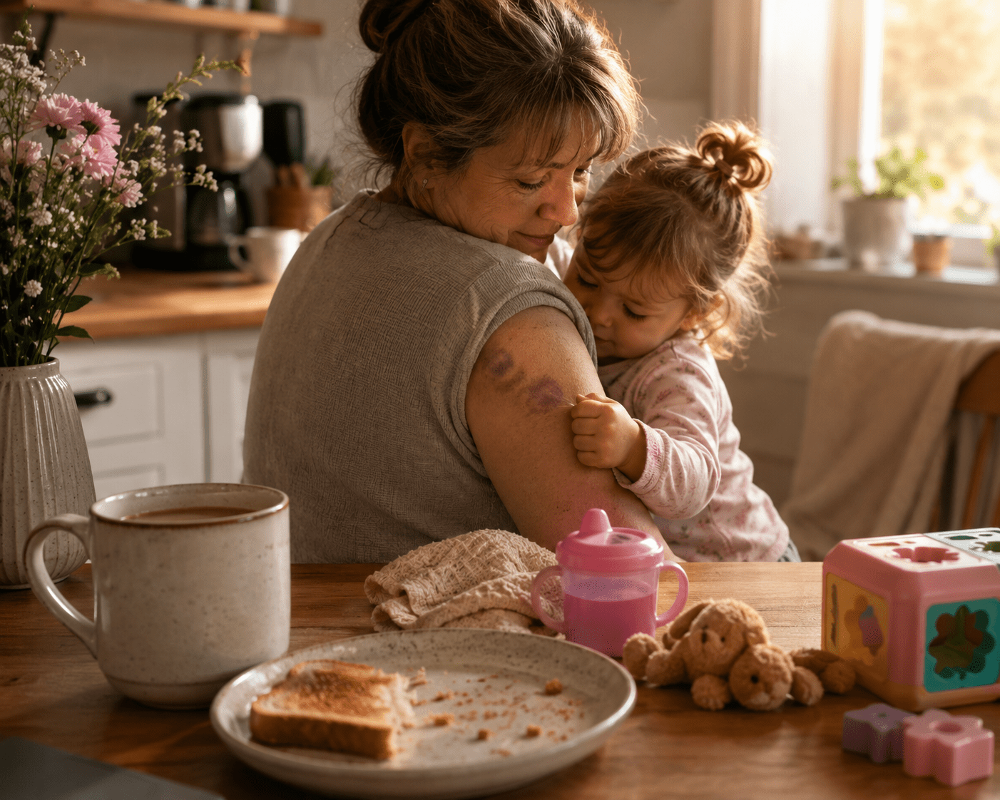 A quiet morning kitchen with coffee, toast crumbs, toddler items, and a grandmother near a small child, representing caregiving, tiredness, and finding stillness with God.