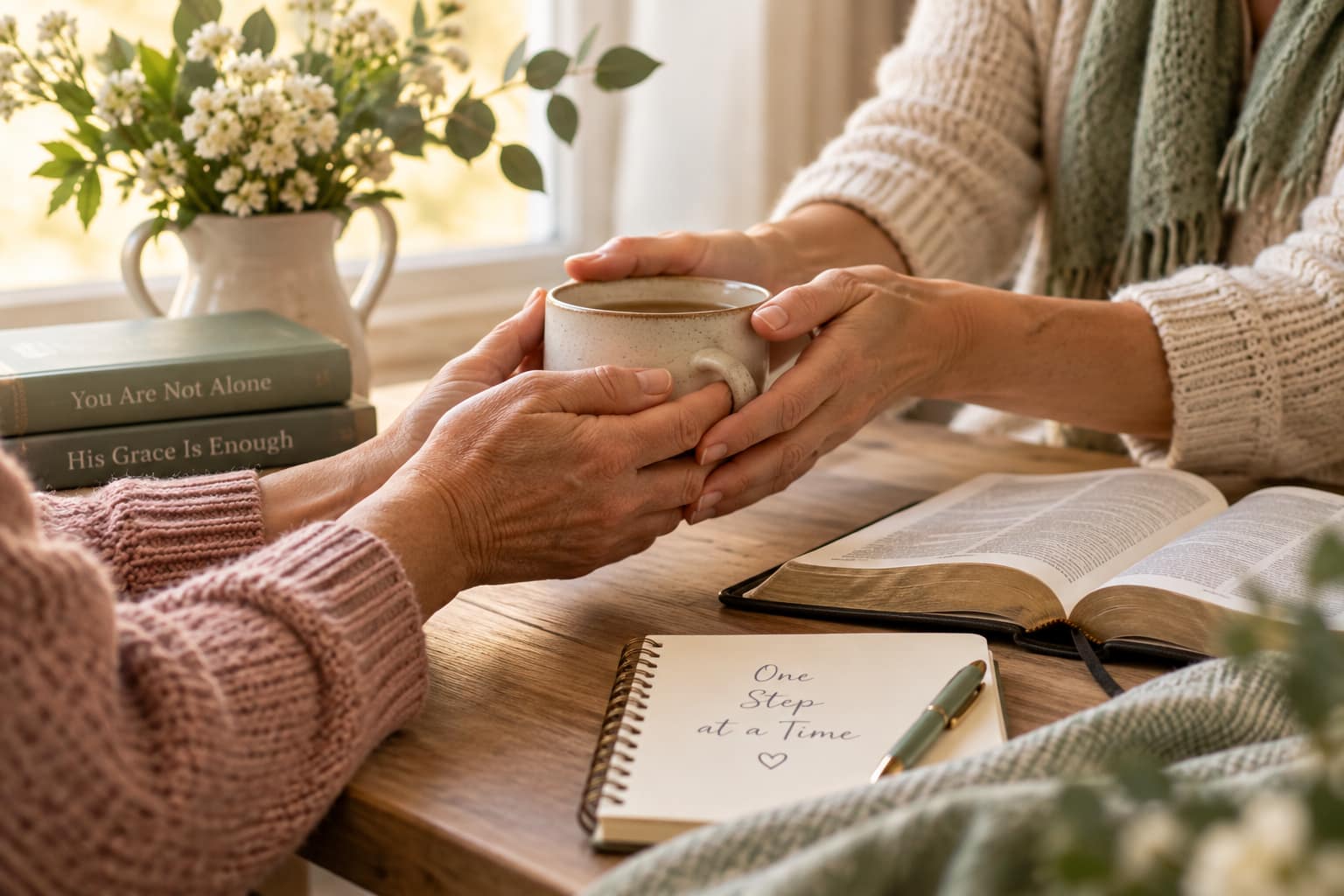 Two people gently helping one another with an everyday task in soft natural light.
