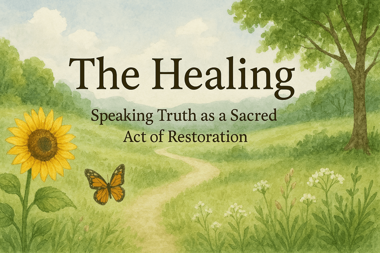 Watercolor-style nature illustration with a sunflower, butterfly, winding path, and lush greenery. Text reads ‘The Healing — Speaking Truth as a Sacred Act of Restoration.’”