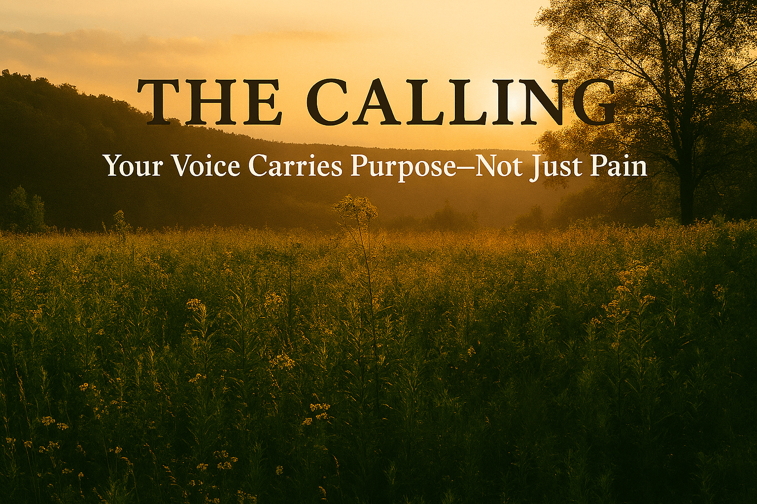 field with the sunrise in back ground with text The Calling Your Voice Carries Purpose-Not Just Pan
