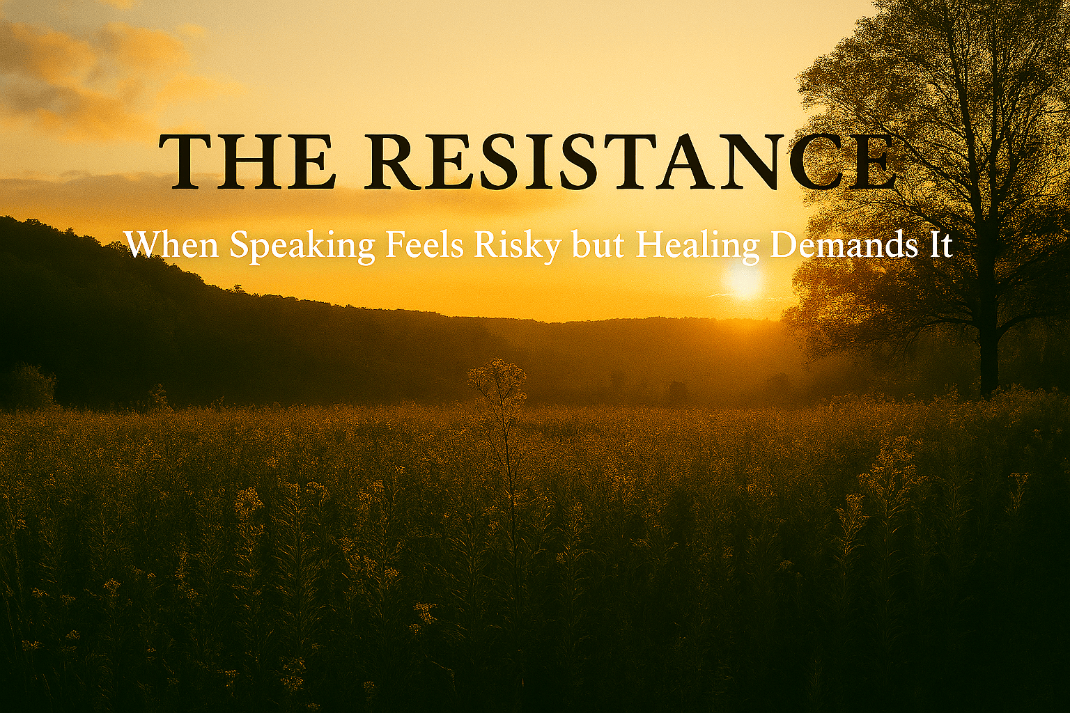nature image of field with trees and sunrise with text The Resistance When speaking feel risky but healing demands it