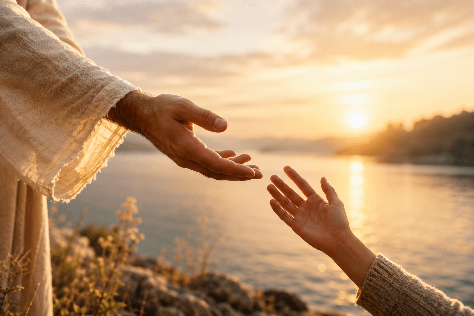 A peaceful lakeside scene at golden hour with two hands reaching toward each other in warm sunlight, symbolizing unconditional love, connection, grace, and the gentle invitation of Christ’s love.