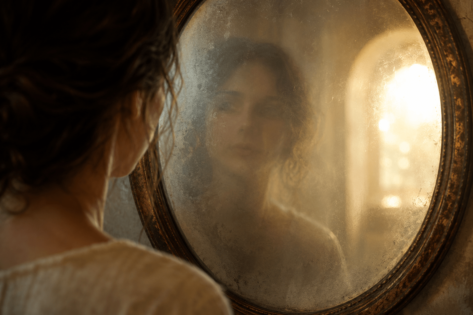 A softly lit woman gazes into an aged mirror with a dim, blurred reflection, while warm golden light shines through a nearby window, creating a peaceful and contemplative atmosphere that symbolizes seeing only partially now, yet longing for deeper clarity and connection.