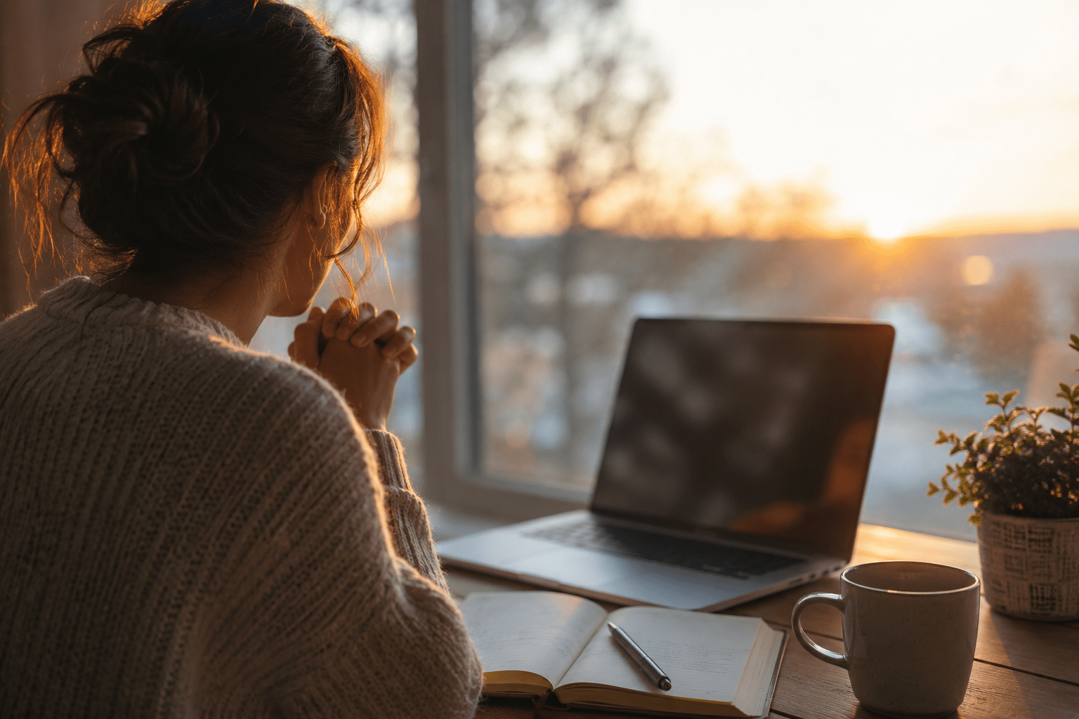 A woman sits at a desk by a large window at sunrise, her hands clasped in quiet reflection beside an open journal, a laptop, and a mug of coffee. Warm golden light fills the room, creating a peaceful atmosphere that conveys prayer, trust, and finding strength in God's presence during life's overwhelming moments.