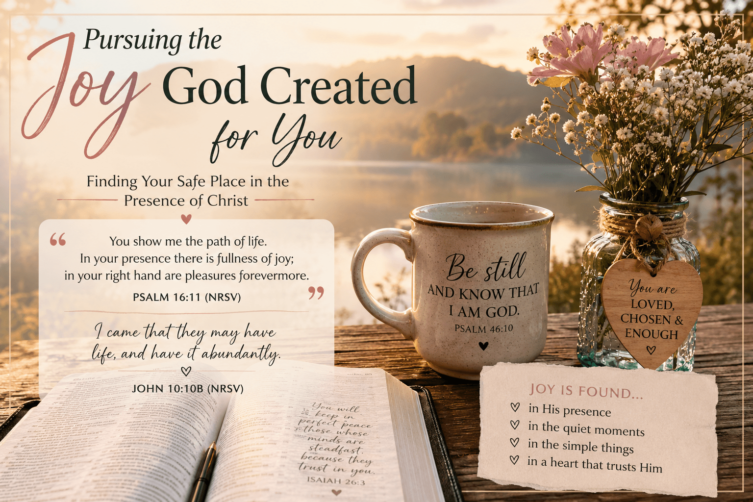 A peaceful sunrise scene featuring an open Bible, a warm mug of coffee, and a vase of wildflowers beside a lakeside view. Scripture from Psalm 16:11 and John 10:10 is displayed alongside reflections on finding joy in God's presence, creating a calm and hopeful atmosphere.
