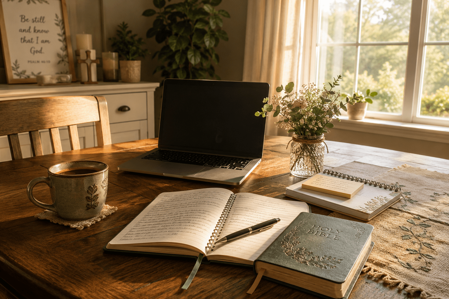 A quiet dining room table with a Bible, notebook, laptop, and coffee illuminated by warm sunlight, symbolizing releasing busyness and finding peace in God.