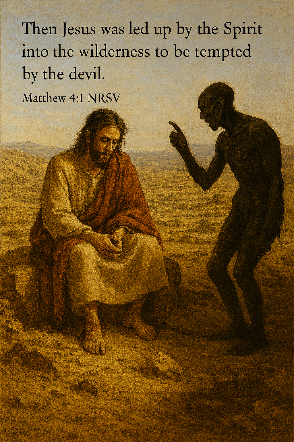 - “Realistic painting of Jesus in the wilderness – Matthew 4:1”