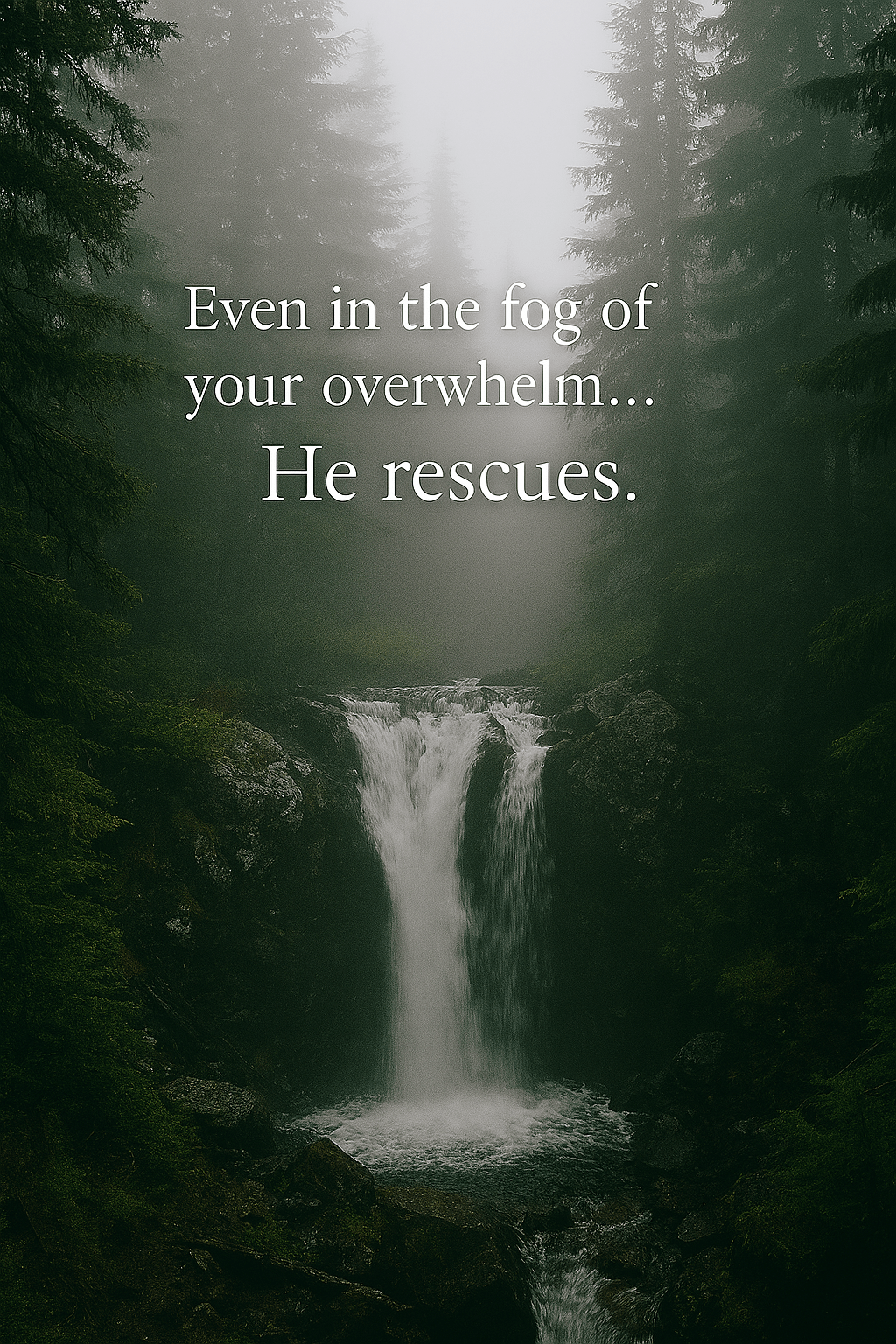 A misty forest scene at dawn with soft light filtering through tall evergreen trees. In the center, a waterfall cascades down moss-covered rocks, surrounded by ferns and fog. The overlaid text reads, “Even in the fog of your overwhelm… He rescues.” The atmosphere is quiet and sacred, evoking divine presence and emotional clarity.