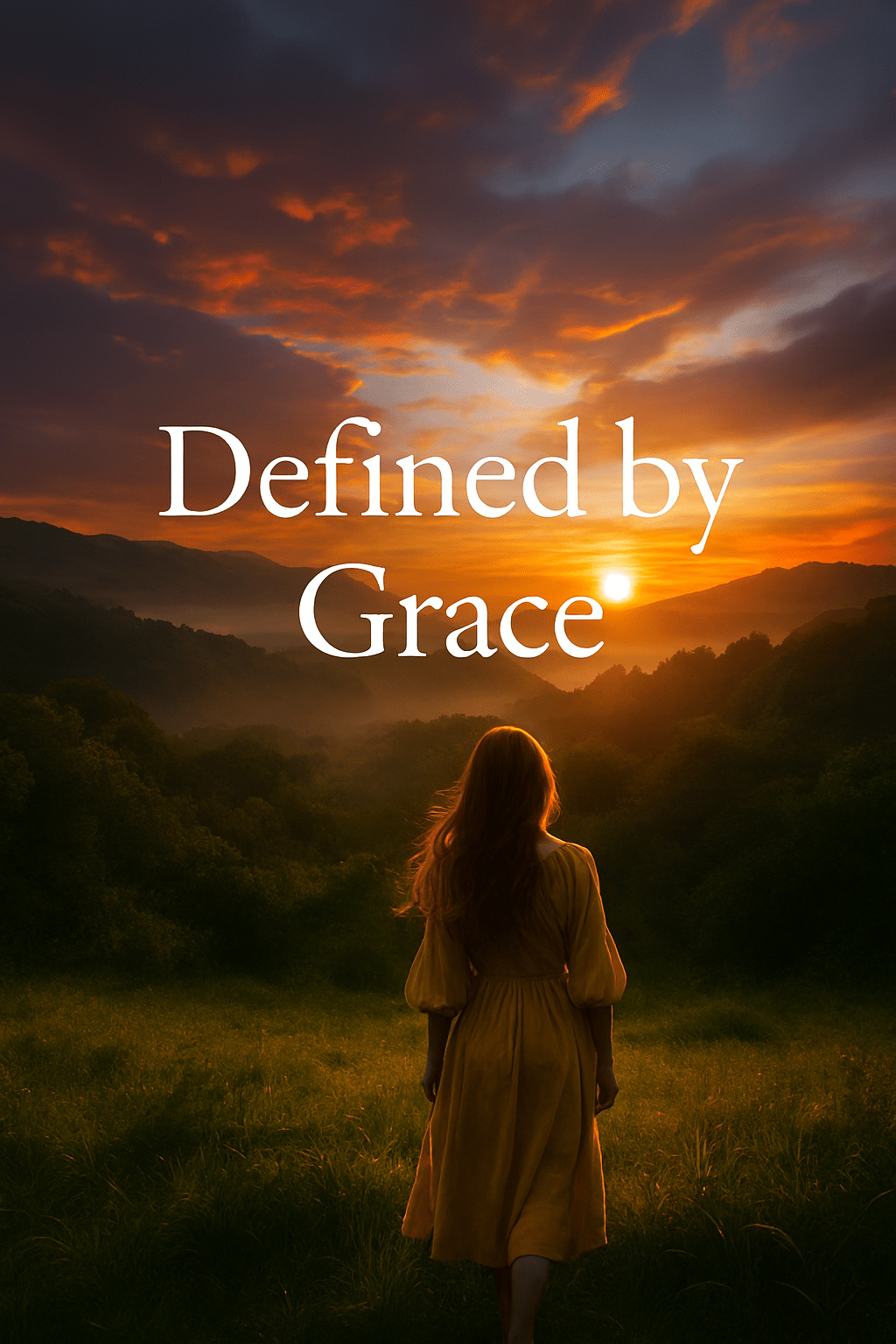 a woman standing in a sunlit field at sunset, surrounded by misty hills and golden light—evoking divine identity, quiet strength, and renewal.