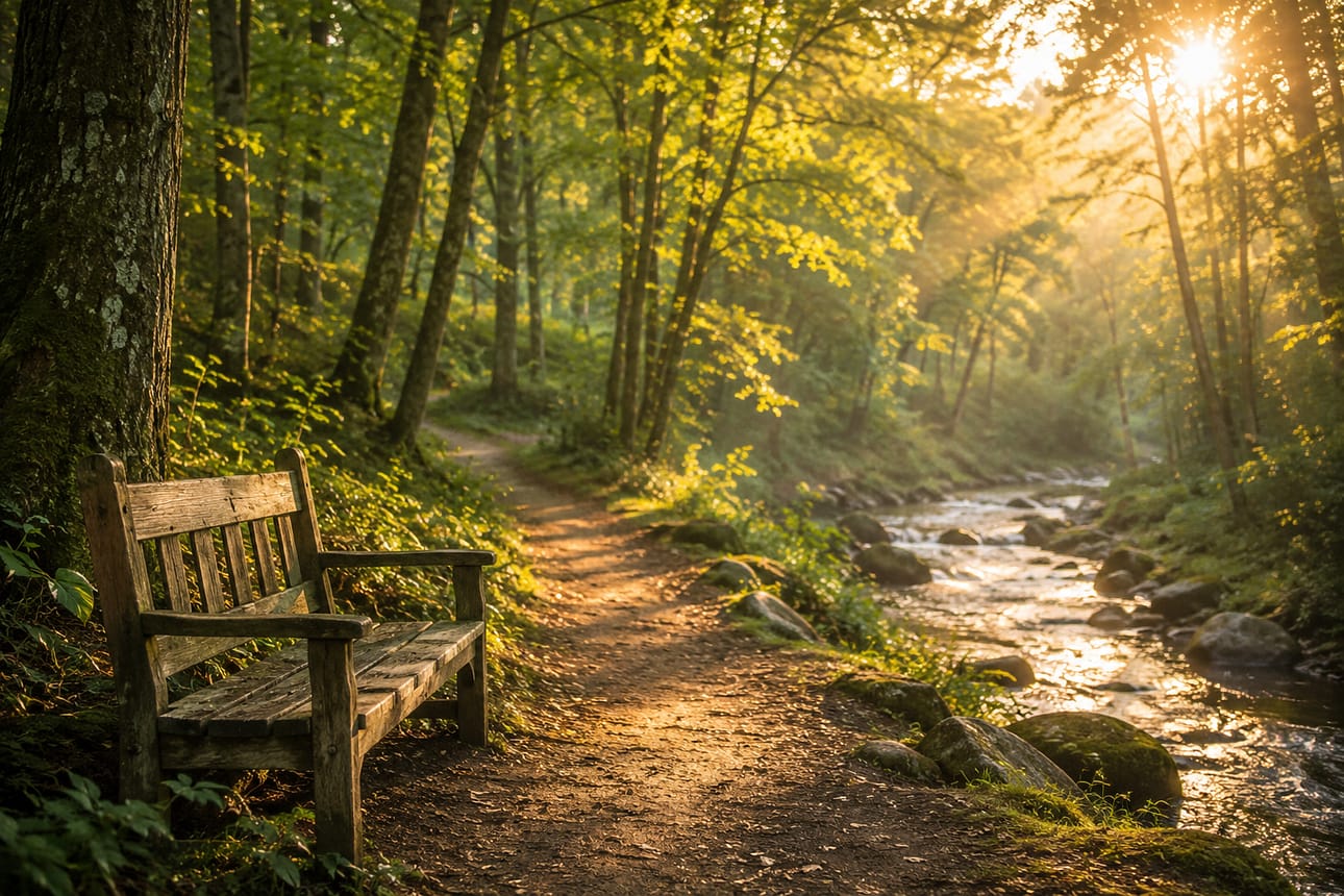 A quiet forest path with morning sunlight symbolizing rest, perseverance, and trusting God's timing.